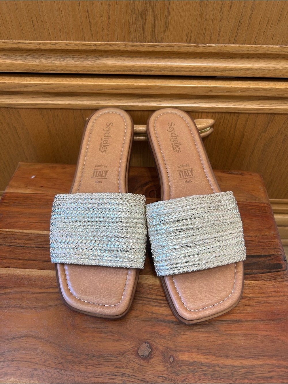 Seychelles Tan Slide Mules with Gold Woven Natural Strap